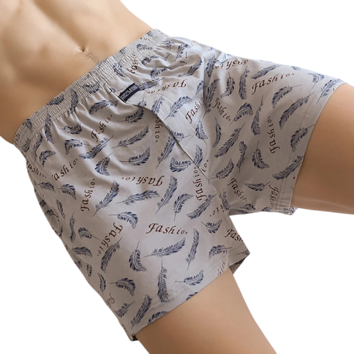 Heren pyjama korte gestreepte shorts katoen grijs met print van veren en tekst elastische taille losse pasvorm voor slapen en thuis dragen