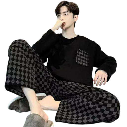 Heren pyjama lange mouwen en broek geruit patroon polyester zwart thuis dragen en comfortabel slapen