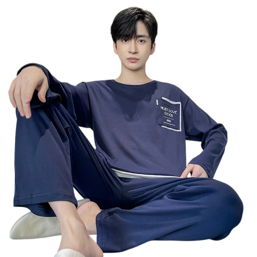 Heren pyjama lange mouwen en broek O-hals Polyester Spandex Blauwe comfortabele pyjama met zakje met tekst