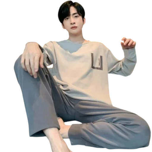 Heren pyjama lange shirt en broek eenvoudige ontwerp polyester grijs comfortabele kleding voor slapen en thuis dragen
