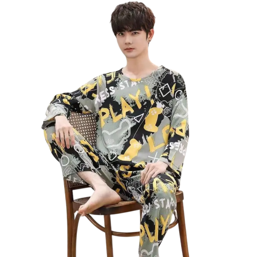 Heren pyjama lange shirt en broek met opdruk teksten polyester elastan grijs geel comfortabele kleding voor slapen en thuis dragen