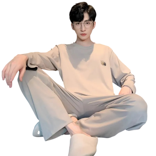 Heren pyjama met lange mouwen en broek O-hals Polyester Spandex Lichtgrijze comfortabele pyjama met opdruk op de borst