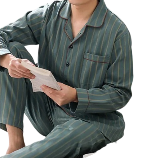Heren pyjama set met lange mouwen en broek Knopen Sluiting Zakje Kraag Gestreept Groen Polyester Katoen