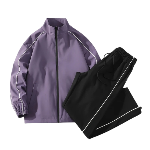 Heren sportoutfit met ritsjack en polyester broeken met contrasterende bies voor vrije tijd en training