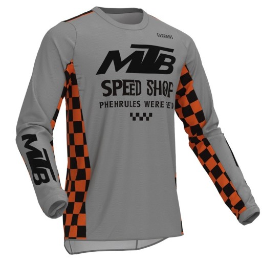 Heren sportshirt met lange mouwen, ademend shirt voor fietsen, mountainbiken en motorfiets, grijs met race-motief