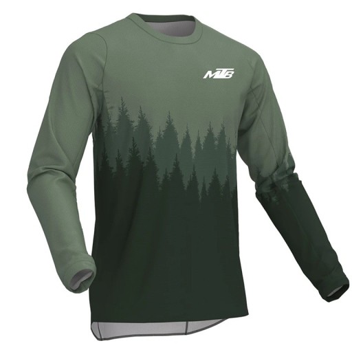 Heren sportshirt met lange mouwen, ademend shirt voor fietsen, mountainbiken en motorrijden, groen met bosmotief