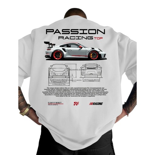 Heren T-shirt met raceauto-motiv met technische tekening op de rug en kleine print op de borst met korte mouwen in een losse pasvorm