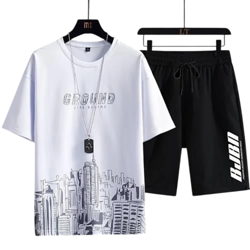Heren tweedelige set T-shirt met stadsprint van wolkenkrabbers en zijbedrukte shorts met elastiek in de taille polyester voor de zomer buiten en sport