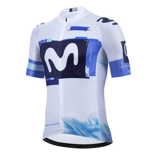 Heren wit-blauw fietsshirt met korte mouwen en rits, met abstracte print, voor fietsen, sport en vrijetijdsactiviteiten
