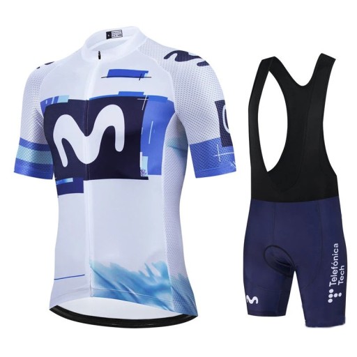 Heren wit-blauwe fietset – shirt met korte mouwen met rits en bibshorts, met abstracte print, voor fietsen en sport