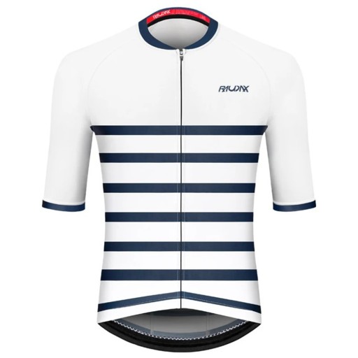 Heren witte fietsshirt met korte mouwen en rits, met blauwe strepen, voor fietsen, sport en activiteiten