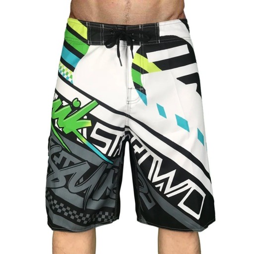 Heren witte surfshorts met groen-turquoise print zwembroek met koord en zijzak losse pasvorm lengte tot de knieën