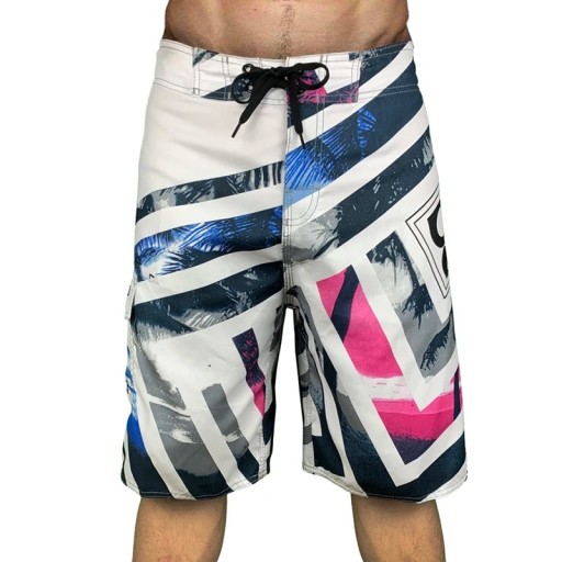 Heren witte surfshorts met palmprint en diagonale strepen, zwembroek met koordsluiting en zijzak met klep, lengte tot de knieën