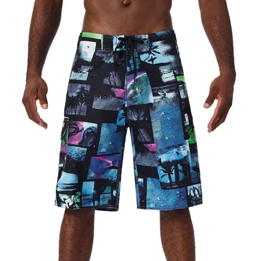 Heren zwart-blauwe surfshorts met palm- en golfprint zwembroek met koordsluiting en zijzak losse pasvorm lengte tot de knieën