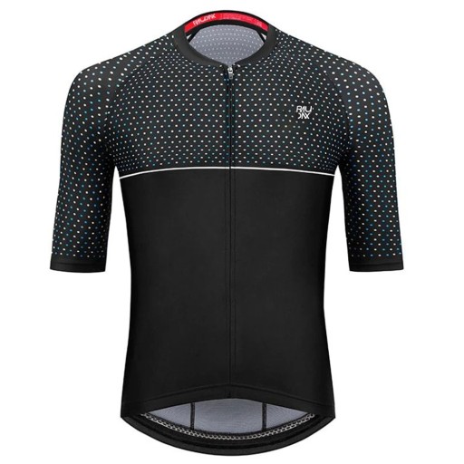Heren zwarte fietsshirt met korte mouwen en rits, met stippen, voor fietsen, sport en activiteiten