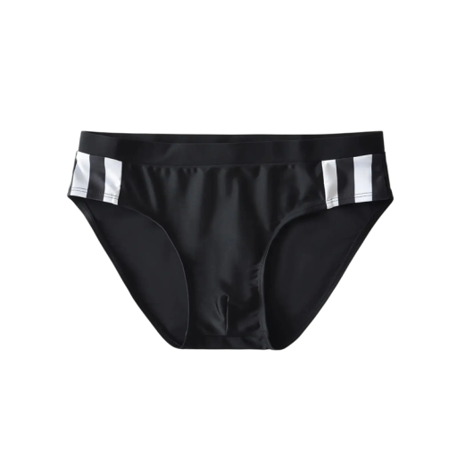 Heren zwarte slip zwemshorts met elastische tailleband en witte strepen aan de zijkanten strakke pasvorm voor het strand bij het zwembad voor zwemmen en op vakantie