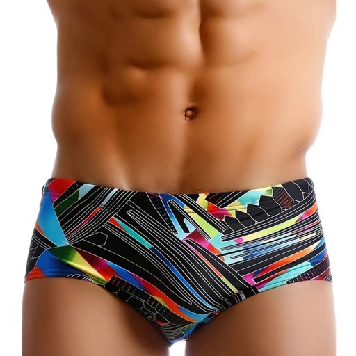 Heren zwarte slip zwemshorts met kleurrijke geometrische print elastisch en sneldrogend aansluitend model met elastische tailleband rondom