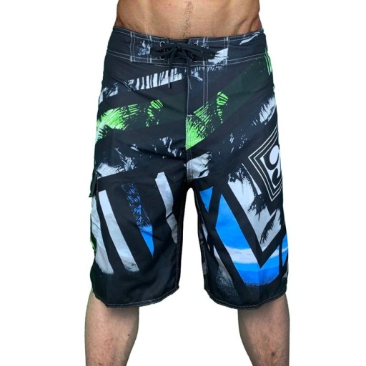 Heren zwarte surfshorts met palmprint en geometrische strepen, zwembroek met platte taille en zijzak met klep, lengte tot de knieën