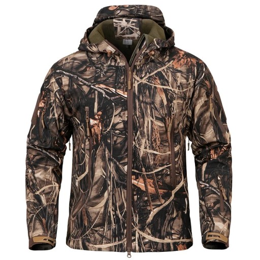 Herenjas met capuchon, camouflagemotief, softshell, waterdichte jas met rits, meerdere zakken, outdoorjas voor wandelen en jagen