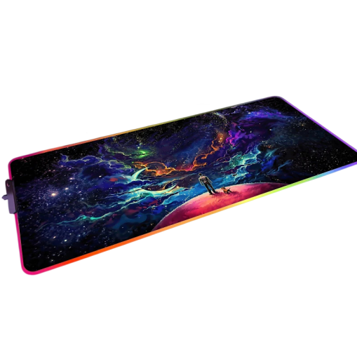Herná podložka pod myš s LED podsvietením 350x900x4 mm čierna s motívom galaxie a človeka pre PC gaming