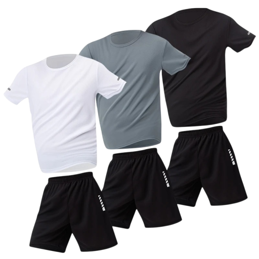 Herr sportset 3x t-shirt och 3x shorts Komplet med kort ärm och elastisk midja Polyester För löpning, fitness och vardagsbruk