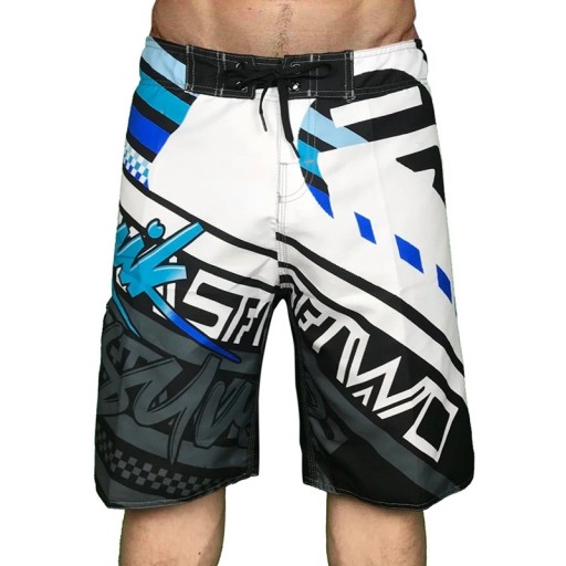 Herr vita surfshorts med blå-svart tryck badbyxor med snörning och sidoficka lös passform längd till knäna