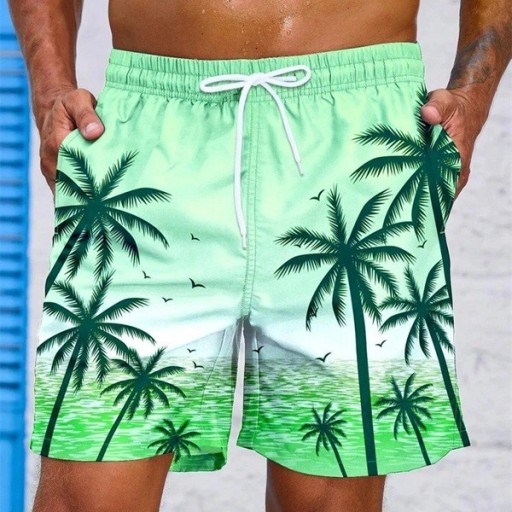 Herrbaddräkt med djärvt hawaiianskt palmträdsmönster, andningsbara, snabbtorkande sommarstrandshorts, lösa shorts med dragsko