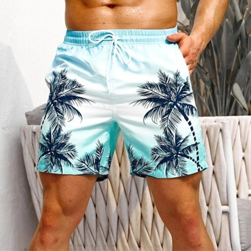 Herrbaddräkt med hawaiianskt palmträdsmönster, andningsbara, snabbtorkande boardshorts för sommaren, lösa sommarbadkläder med dragsko
