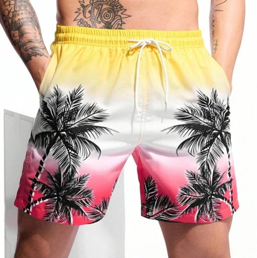 Herrbaddräkt med hawaiianskt palmträdsmönster, andningsbara, snabbtorkande boardshorts för sommaren, lösa sommarbadkläder med dragsko