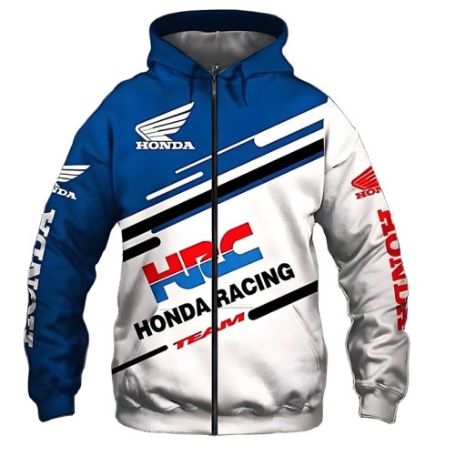 Herre blå zip hoodie med hætte og lommer Sport hoodie i polyester til Honda-fans Komfortabel moderne tøj til mænd
