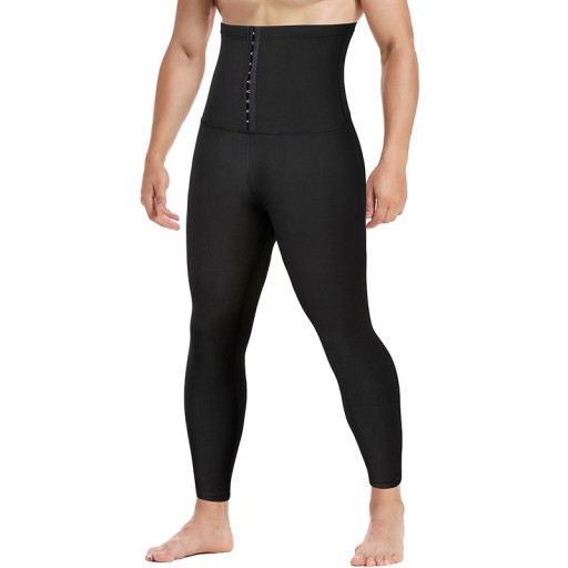 Herre højtaljede shapewear-bukser, sorte termokompressionsbukser, fedtforbrændende fitness-slankebukser med hægtelukning