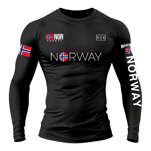 Herre kompressions T-shirt med lange ærmer og elastisk pasform med print af Norway og norske flag på brystet og ærmerne