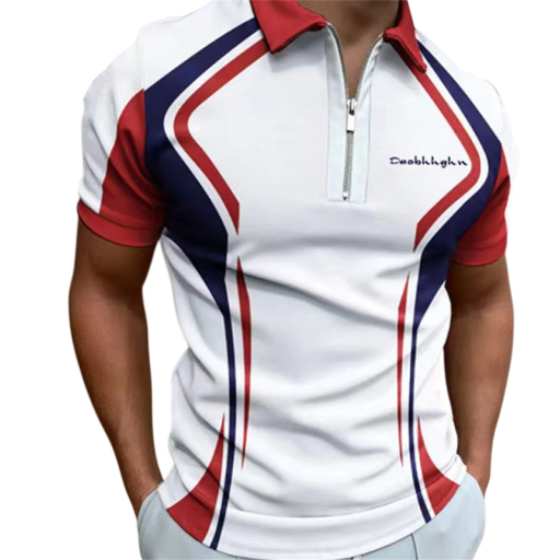 Herre polo med lynlås og V-udskæring og krave Kortærmet Farverigt mønster Polyester Stilfuld sommer polo