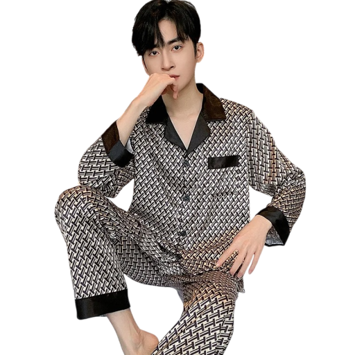 Herre pyjamas med lange ærmer og bukser med krave Knaplukning Lomme Polyester Hvid sort med ornamenter