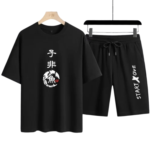 Herre sæt t-shirt og shorts Kortærmet Rund halsudskæring Tryk Snøre i taljen Sidelommer Let polyester Til sport og fritid