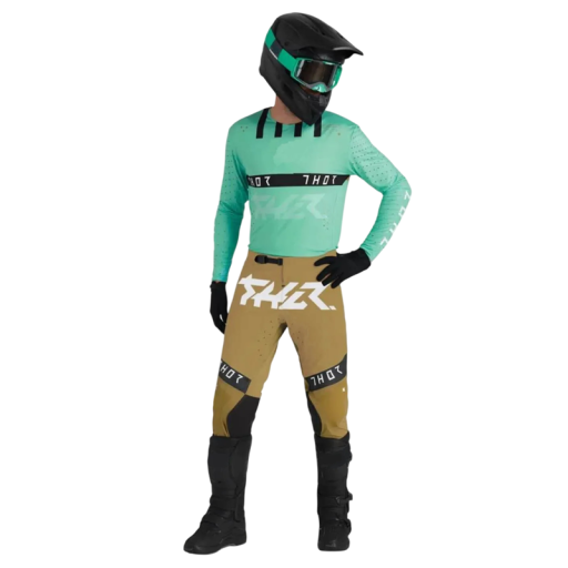 Herremotokrossæt Thor – mentoltrøje med lange ærmer og beige bukser af polyester og nylon, til motocross og enduro