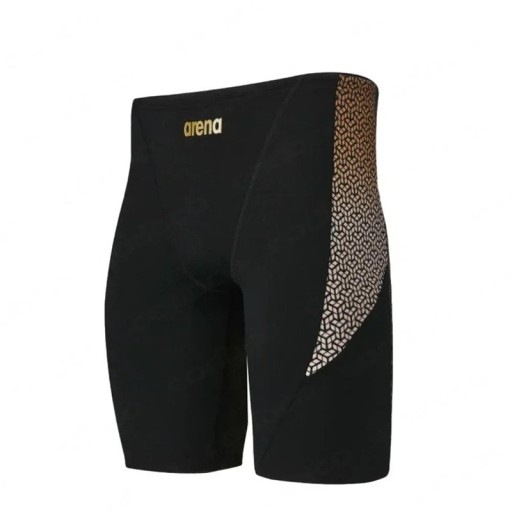 Herren Badehose schwarz mit gelbem Streifen Lycra Enganliegender Sport Schnitt Elastischer Bund Badehose für Strand und Pool mit Arena Schriftzug