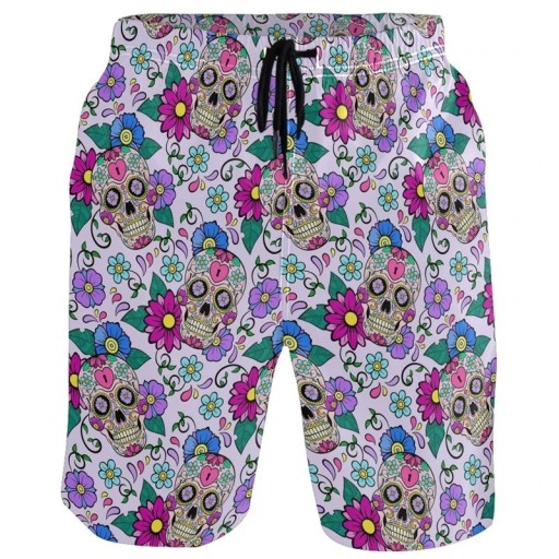 Herren Badeshorts mit Totenkopf- und Blumenmuster mit Taschen Polyester Schnell trocknend Sommer Badehose für den Strand