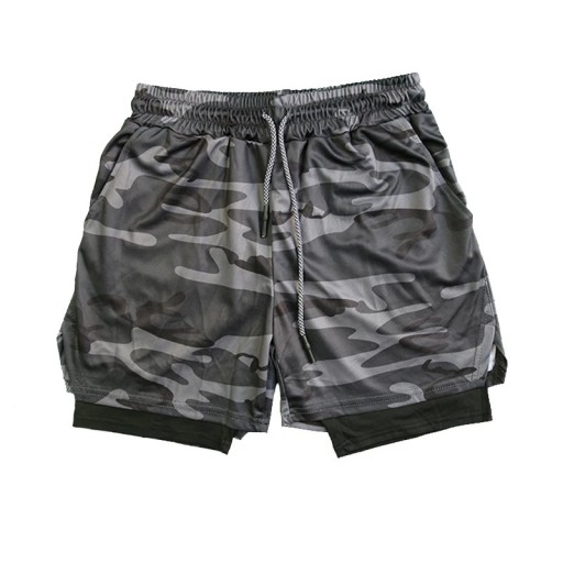 Herren Camouflage Doppellagige Fitness-Shorts Schnelltrocknende Shorts mit Mesh-Futter Tasche Elastische Taille Sommer-Sport-Shorts