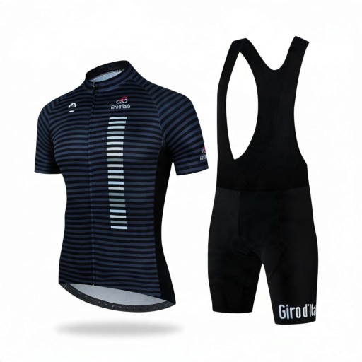 Herren Fahrradset Trikot mit kurzen Ärmeln und Shorts mit Trägern und Polster 90 % Polyester und 10 % Lycra Dunkelblau gestreift