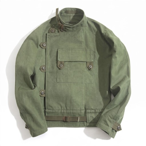 Herren grüne Jacke mit asymmetrischem Knopfverschluss und Schlaufen mit hohem Kragen und Gürtel mit Schnalle in der Taille kurze Passform