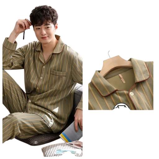 Herren Pyjama Set T-Shirt mit langen Ärmeln und Hose Hemd Schnitt Knopfverschluss Tasche Kragen Braune Streifen Polyester Baumwolle