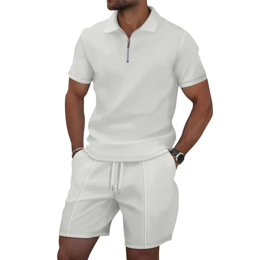 Herren Set Polo Shirt und Shorts Dvoudílný komplet se zipem u krku a stahovací šňůrkou Strukturovaný polyester Na léto i běžné nošení