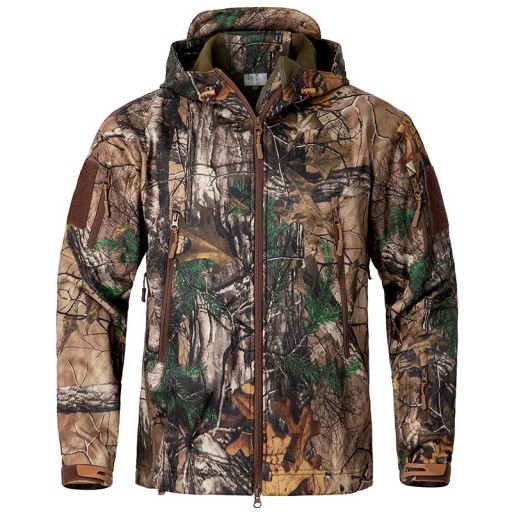 Herren Softshelljacke mit Kapuze Waldtarnmuster Reißverschlusstaschen Winddichte Jacke Outdoor Wanderjacke für die Natur