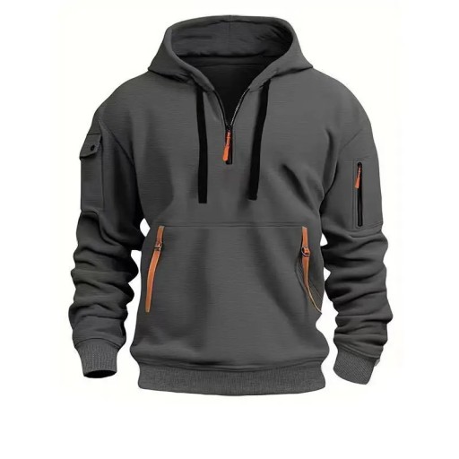 Herren Sweatshirt mit halbem Reißverschluss und Kapuze Einfarbiges Sport-Sweatshirt mit Taschen und Taschen auf den Ärmeln aus strapazierfähigem Polyester Bequemer Schnitt