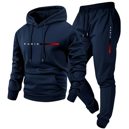 Herrenanzug mit Hoodie und Jogginghose mit Kordelzug, einfarbig mit Paris-Druck, Polyester