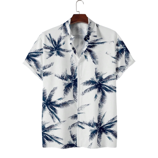 Herrenhemd mit kurzen Ärmeln Palmendruck Knopfverschluss V-Ausschnitt Sommerstil Polyester und Spandex