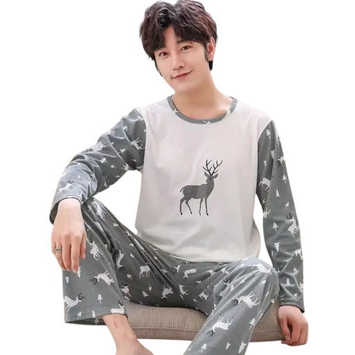 Herrenpyjama T-Shirt mit langen Ärmeln und Hose Grau mit Hirschdruck Bequemer zweiteiliger Set Polyester Spandex