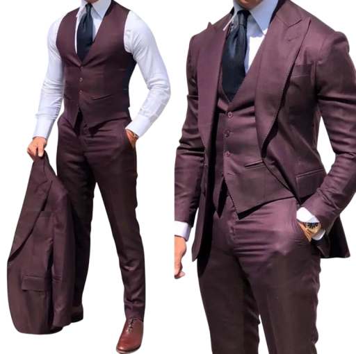 Herresæt af bomuld, polyester og uld Elegant sæt jakke, vest og bukser til mænd Enkeltfarvet formelt jakkesæt med lommer og knapper i forskellige farver