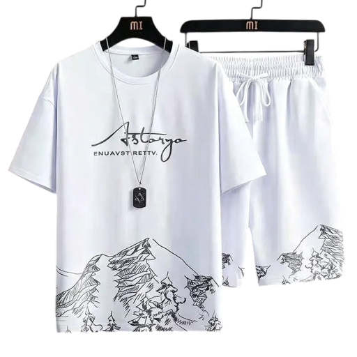 Herresæt med kortærmet t-shirt og bjergtryk samt shorts med justerbar snor i polyester til sommer sport og fritid